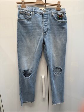 Maje Light Blue Distressed  Women Jeans with Embroidered Patch. Authentic